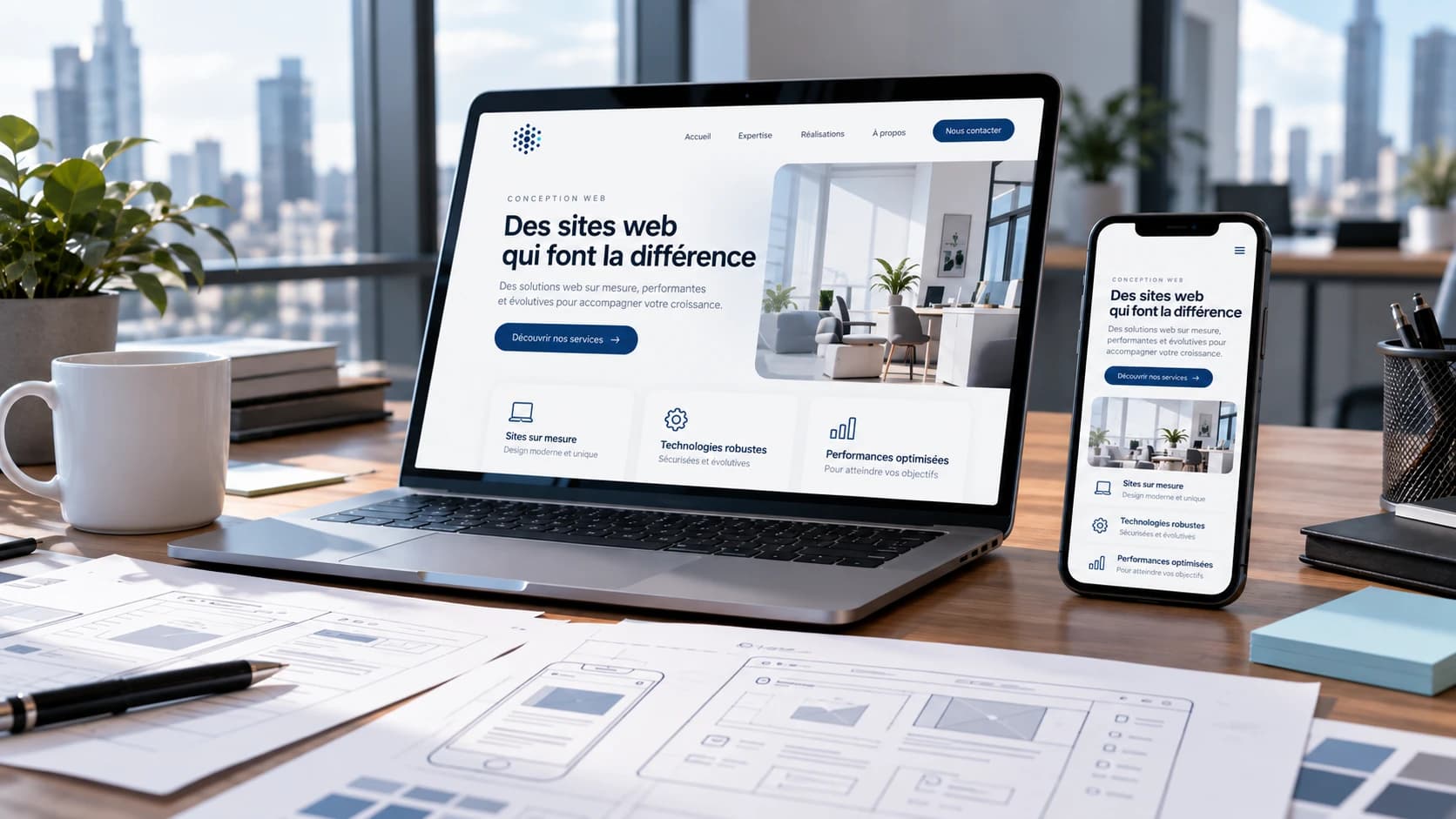 Site web professionnel affiché sur ordinateur portable et téléphone